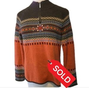 SOLD.....Eddie Bauer Women's L Fair Isle Quarter Zip Sweater Orange Brown Multi